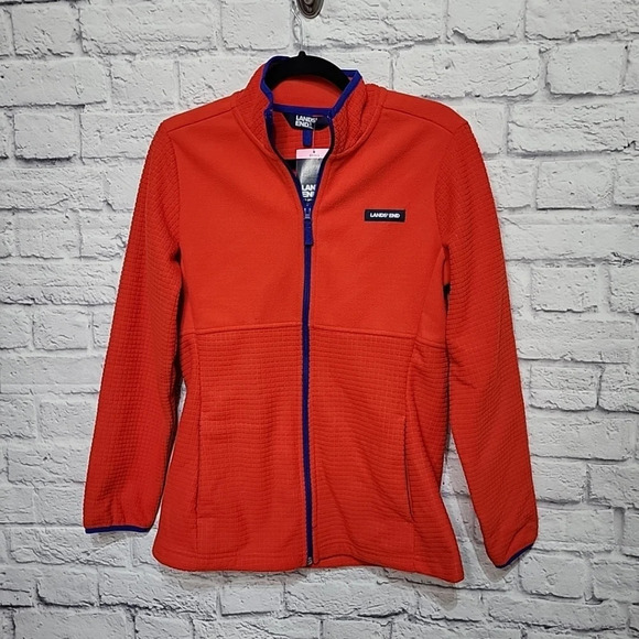 Lands' End Grid Fleece Full Zip Up Jacket Orange Blue Women’s Size S (6-8) NWT‎ - Picture 1 of 9